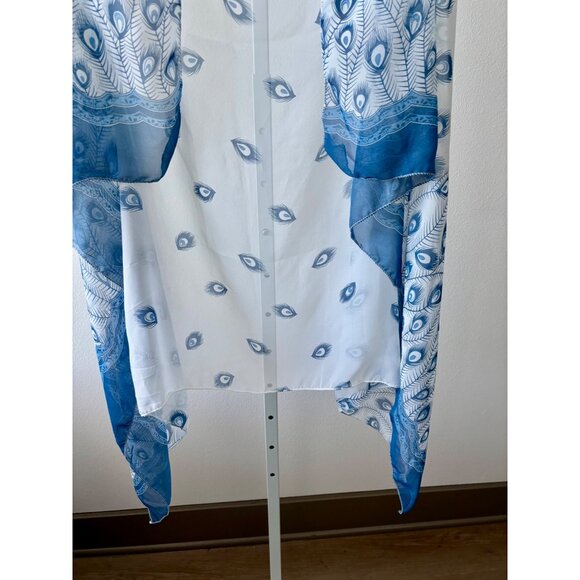 Sheer Cardigan OS Peacock Feather Print Sleeveless Boho Whimsical Beachy Coastal - Picture 4 of 11